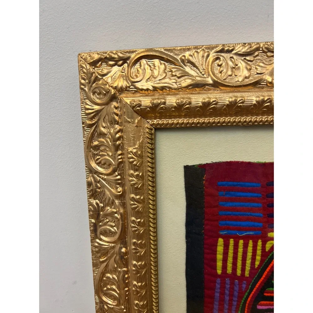 Vintage Cloth Tapestry Ornate Gold Gilt Framed Mola Kuna Textile Panama Folk Art